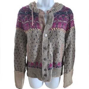 Free People Gray Multi-color Knitted Snap-on Cotton Blend Boho Hoodie Small